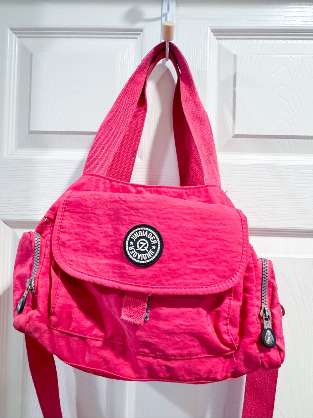 Jinqiaoer Hot Pink Nylon Canvas Casual Tote / Crossbody Bag w Multi-Zip Pockets